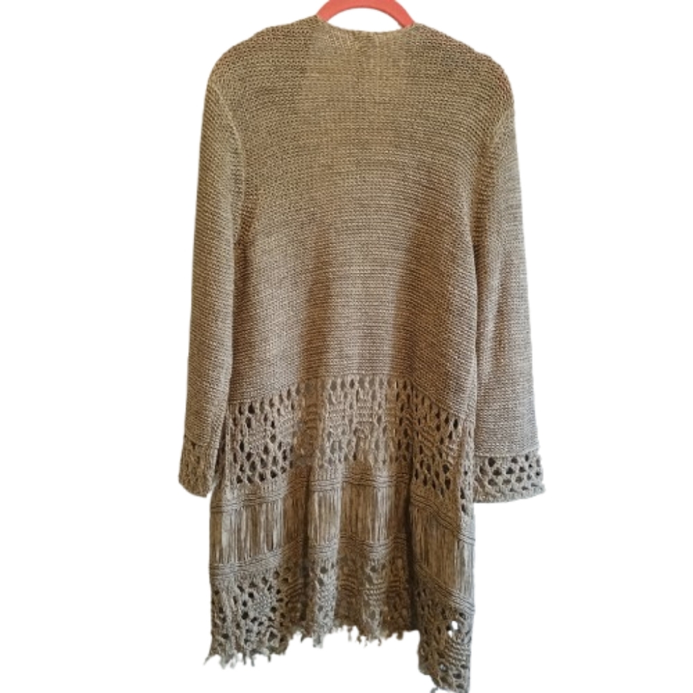 Reba Boho Crochet Fringe Knit Duster Cardigan Medium Neutral‎ Tan Festival... - Picture 2 of 12
